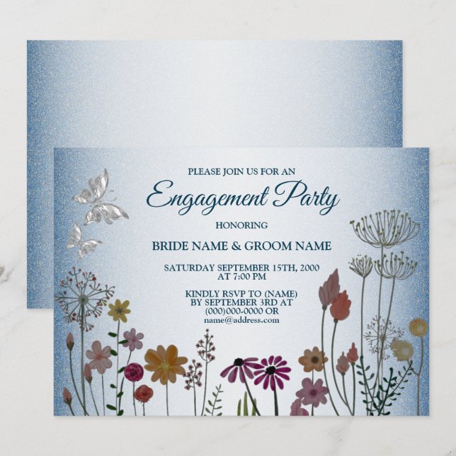 Colorful Floral Blue Glitter Engagement Party Invitation (Front/Back)