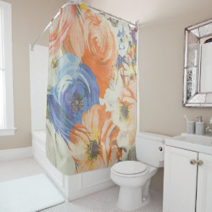 Colorful Floral Blue Orange Beige Shower Curtain