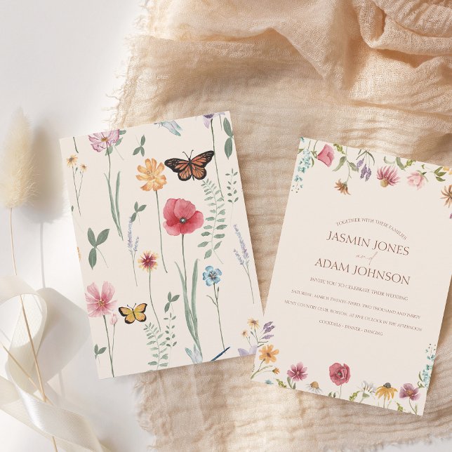 Colorful Floral Border Wildflower Wedding Invitation (Simple Colorful Wildflower Floral Wedding Invite)