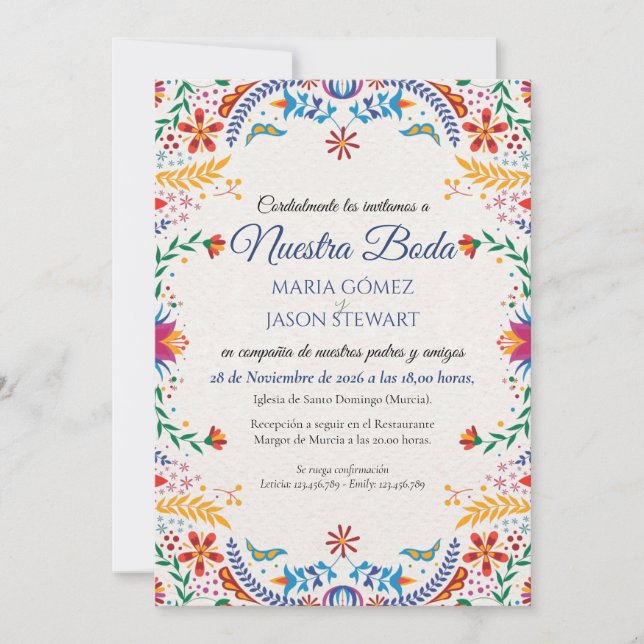 Colorful Floral Botanical Flowers Spanish Wedding Invitation (Front)