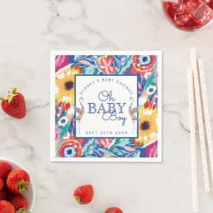 Colorful Floral Botanical Stork Baby Boy Shower Napkins