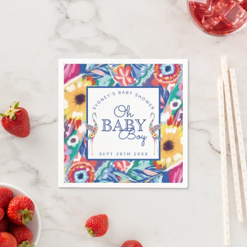 Colorful Floral Botanical Stork Baby Boy Shower Napkins