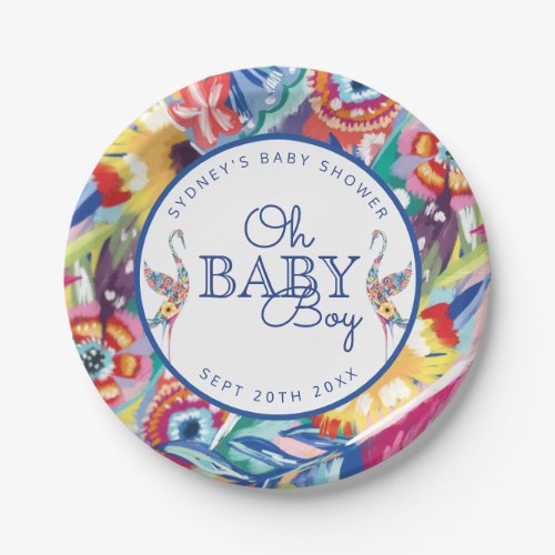 Colorful Floral Botanical Stork Baby Boy Shower Paper Plates