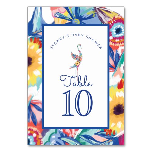 Colorful Floral Botanical Stork Baby Boy Shower Table Number