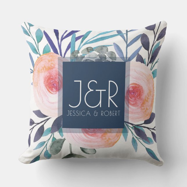 Colorful Floral Bouquet Monogram Throw Pillow (Front)