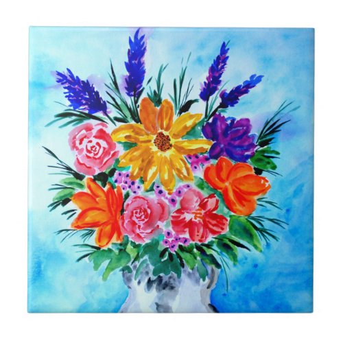 colorful floral bouquet on blue ceramic tile