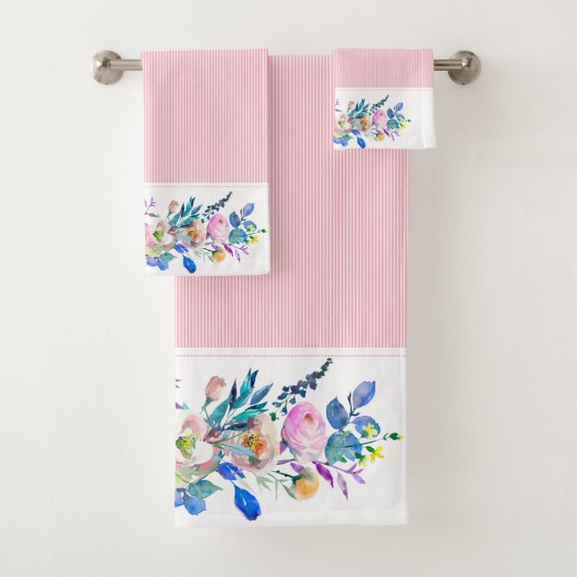 Colorful Floral Bouquet & Pink Stripes Bath Towel Set (Insitu)