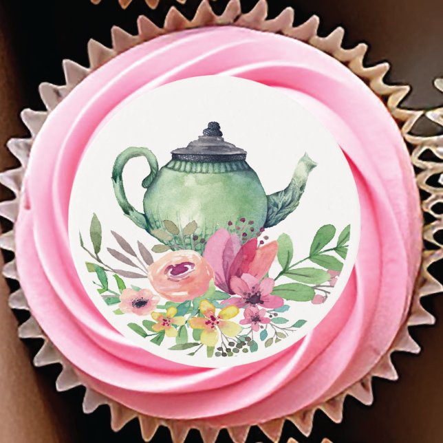 Colorful Floral Bridal Tea Cupcake Frosting Round