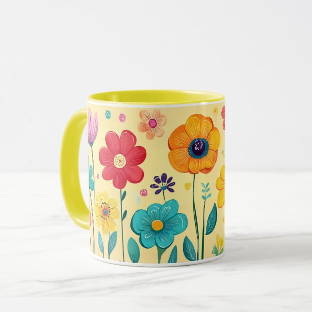 Colorful Floral, Bright Pattern Vibrant Folk Flowe Mug (Front Left)