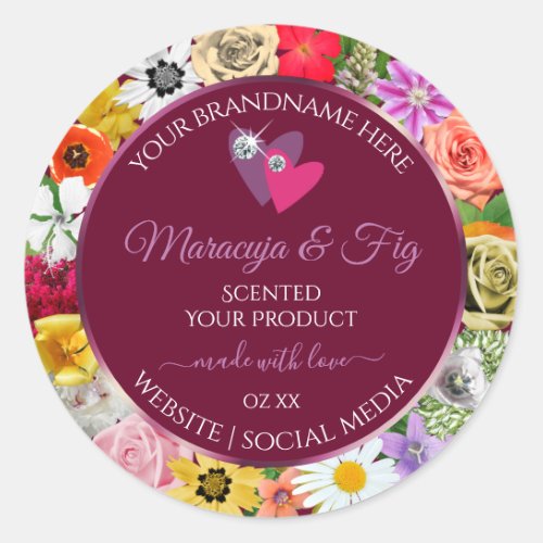 Colorful Floral Burgundy Product Label with Hearts