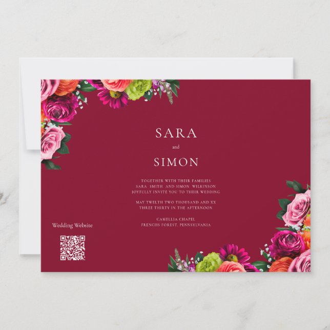 Colorful Floral Burgundy Wedding Invitation (Front)