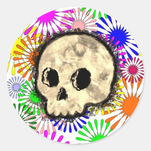 Colorful Floral Burst Skull Watercolor Classic Round Sticker