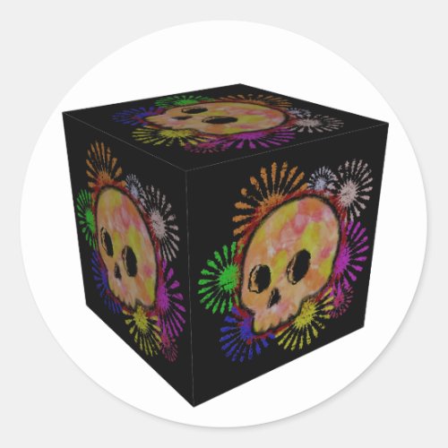 Colorful Floral Burst Skull Watercolor Cube Classic Round Sticker