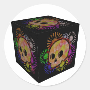 Colorful Floral Burst Skull Watercolor Cube Classic Round Sticker