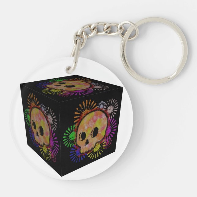 Colorful Floral Burst Skull Watercolor Cube Keychain (Back)