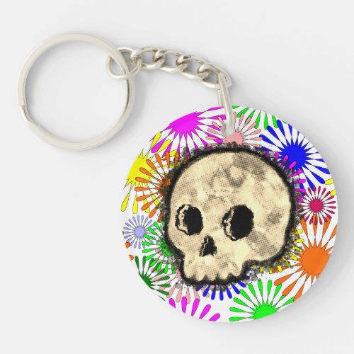 Colorful Floral Burst Skull Watercolor Keychain