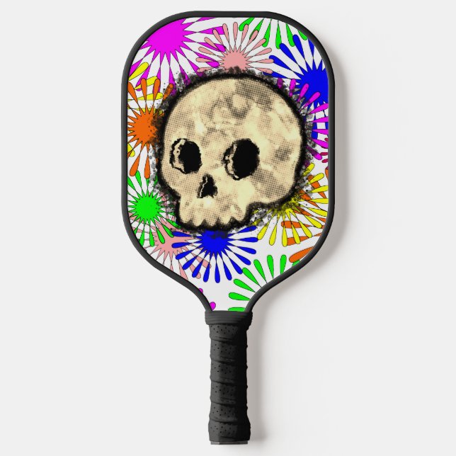 Colorful Floral Burst Skull Watercolor Pickleball Paddle (Front)