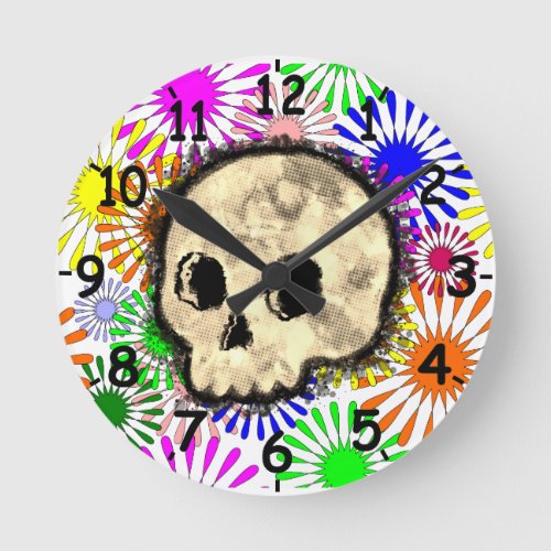 Colorful Floral Burst Skull Watercolor Round Clock