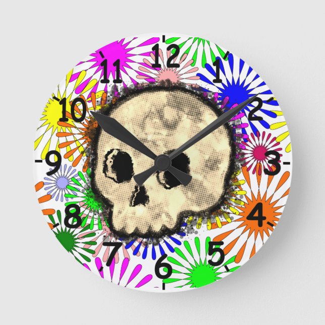 Colorful Floral Burst Skull Watercolor Round Clock (Front)