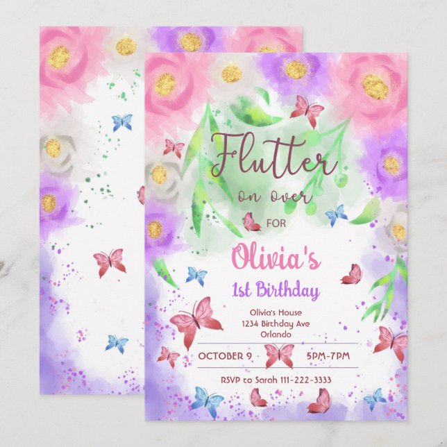 Colorful Floral Butterfly Birthday Invitation (Front/Back)