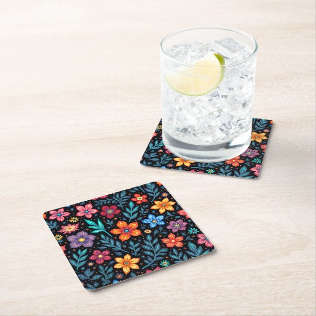 Colorful Floral Button Background Square Paper Coaster (Insitu)