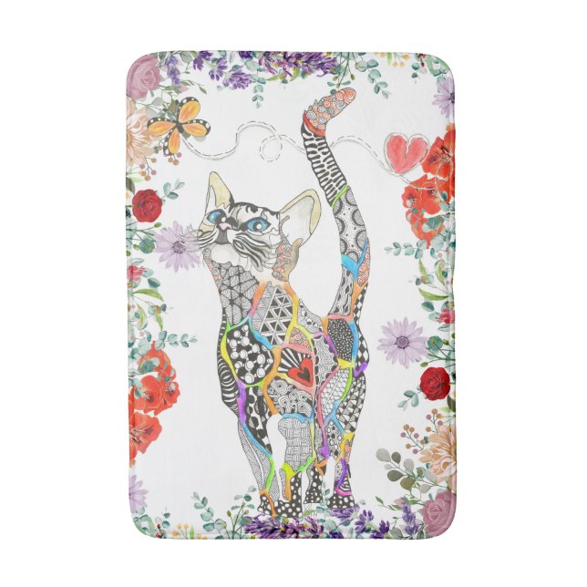 Colorful Floral Cat Bath Mat (Front Vertical)