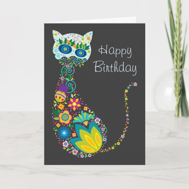 Colorful Floral Cat Happy Birthday Card (Front)