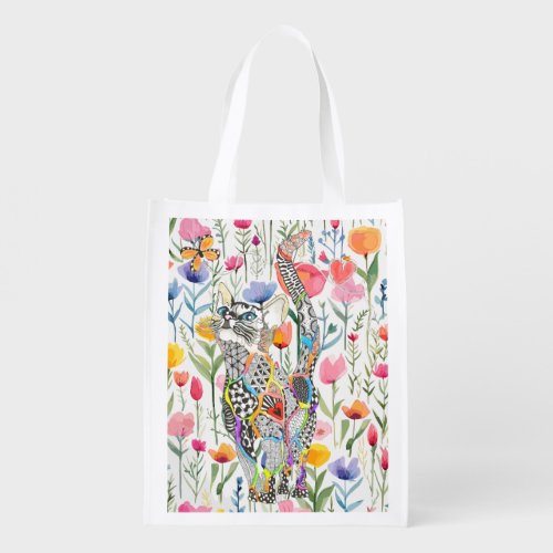 Colorful Floral Cat Reusable Bag