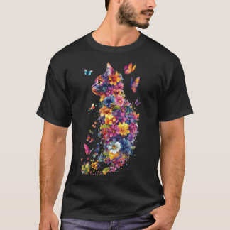 Colorful Floral Cat – Watercolor Butterfly Art T-Shirt