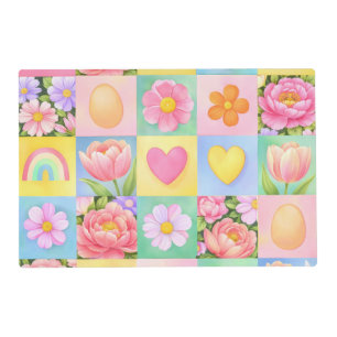 Colorful Floral Checkerboard Pattern Pet Food Mat