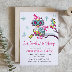 Colorful Floral Christmas Owl Holiday Party Invitation