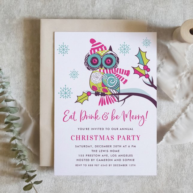 Colorful Floral Christmas Owl Holiday Party Invitation (Creator Uploaded)