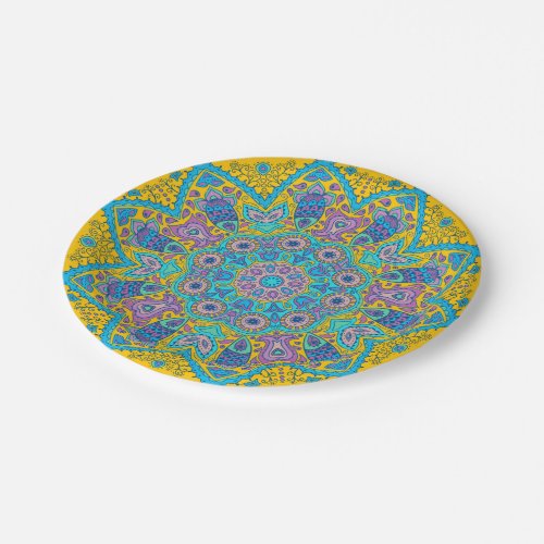 Colorful Floral Circle Lace Yellow Back Paper Plates