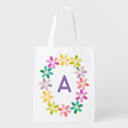 Colorful Floral Circlet with Watercolor Effect Grocery Bag