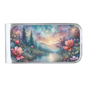 Colorful Floral Cosmos by the Waterside Silver Finish Money Clip