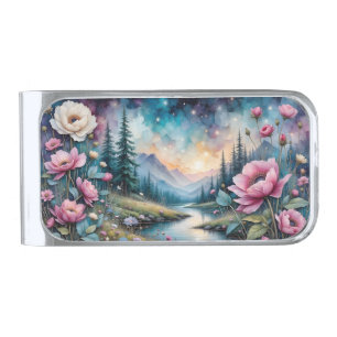 Colorful Floral Cosmos by the Waterside Silver Finish Money Clip