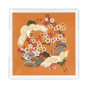 Colorful Floral Cranes Sakura Pattern Acrylic Tray