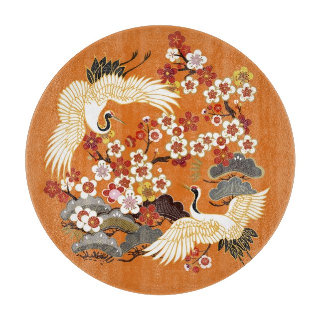 Colorful Floral Cranes Sakura Pattern Cutting Board (Front)