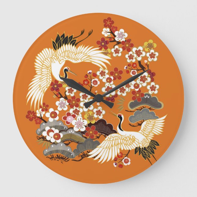 Colorful Floral Cranes Sakura Pattern Large Clock (Front)