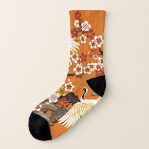 Colorful Floral Cranes Sakura Pattern Socks