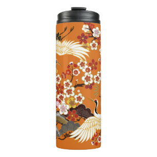 Colorful Floral Cranes Sakura Pattern Thermal Tumbler