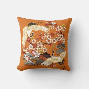 Colorful Floral Cranes Sakura Pattern Throw Pillow