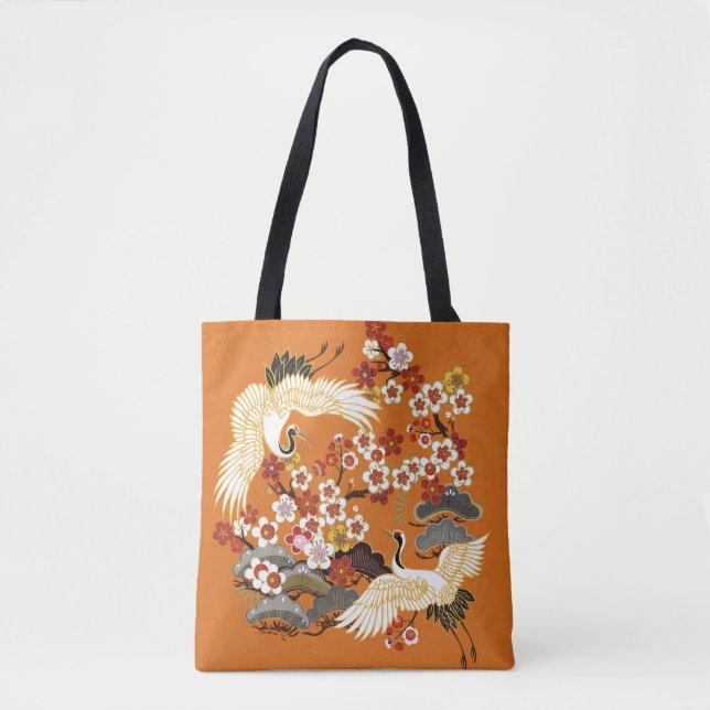 Colorful Floral Cranes Sakura Pattern Tote Bag (Front)