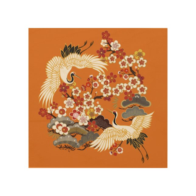 Colorful Floral Cranes Sakura Pattern Wood Wall Art (Front)