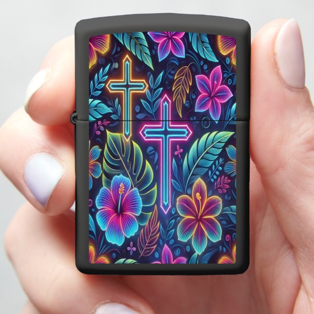 Colorful Floral & Cross Design b Zippo Lighter (In Hand)
