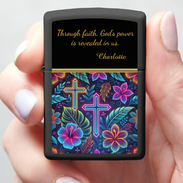 Colorful Floral & Cross Design Zippo Lighter (In Hand)