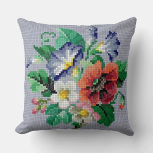 Colorful Floral Cross Stitch Style Throw Pillow