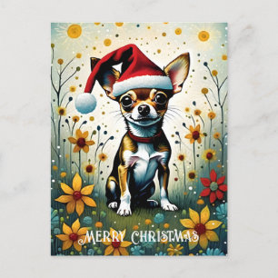 Colorful Floral Cute Chihuahua Santa Christmas Postcard
