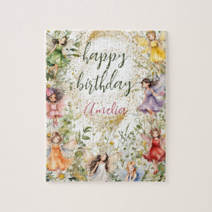 Colorful Floral Cute Fairies Happy Birthday Name Jigsaw Puzzle