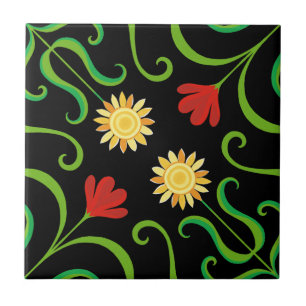 Colorful Floral Damask Sunflower Pattern Cute Folk Ceramic Tile